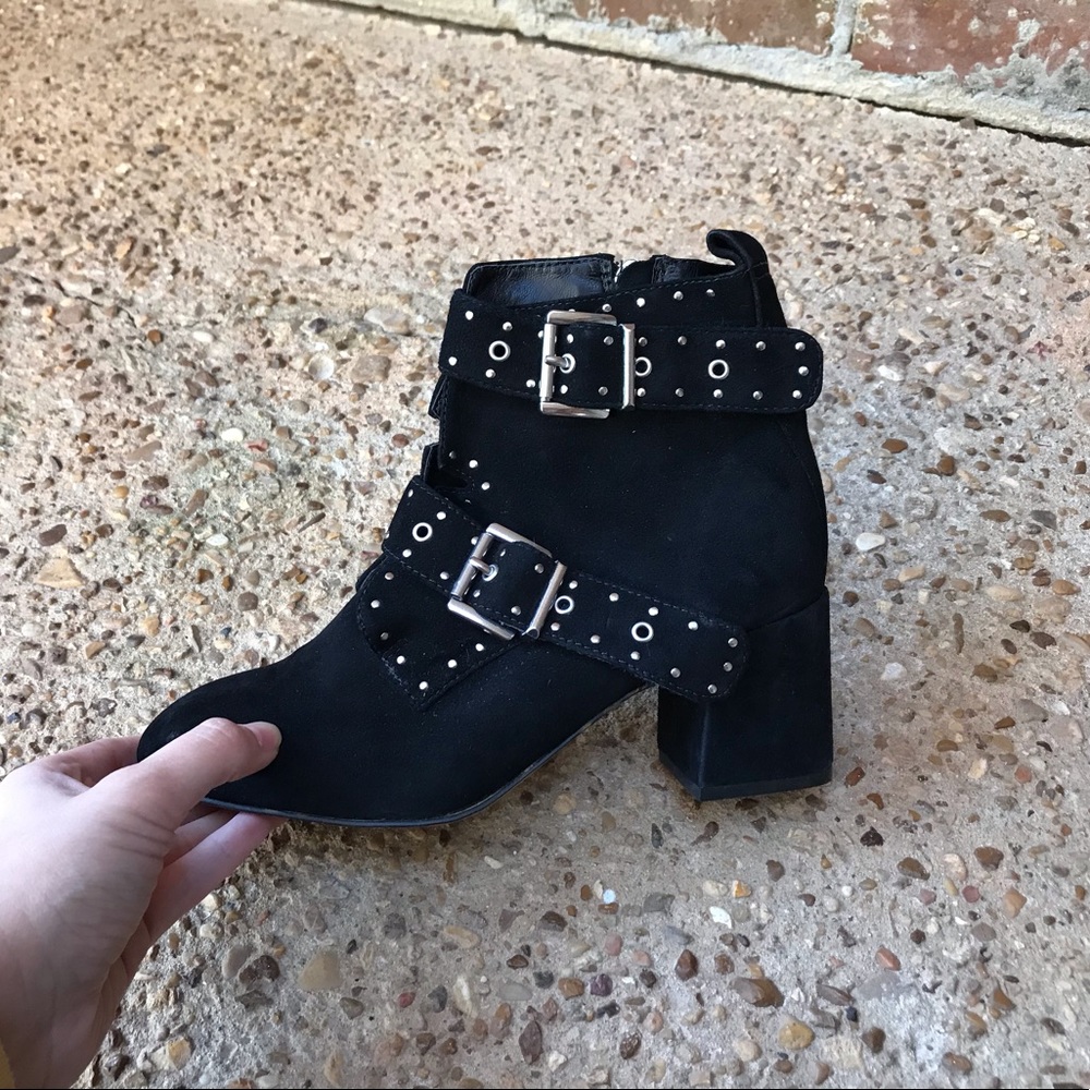Rebecca Minkoff Logan Studded Black Suede Buckle Booties Size 6